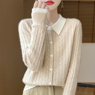 法式假两件POLO领针织开衫女短外套2025新款撞色麻花翻领毛衣