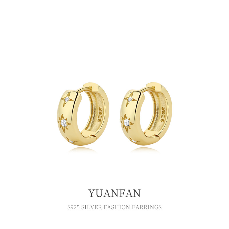 S925纯银圈圈耳扣女欧美轻奢冷淡风简约锆石星星耳环礼物跨境现货