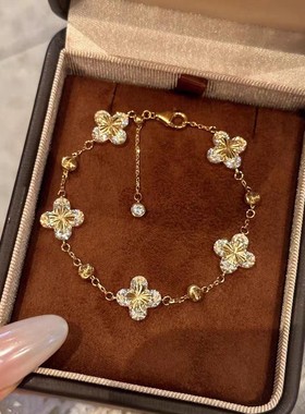 925纯银碎冰冰镭射四叶草手链女18K金色中古风高级感手串ins手饰