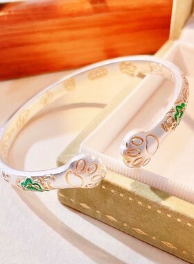 宝相花猫爪爪纯银手镯足银9999小众珐琅描金吉言银镯子送妈妈礼物