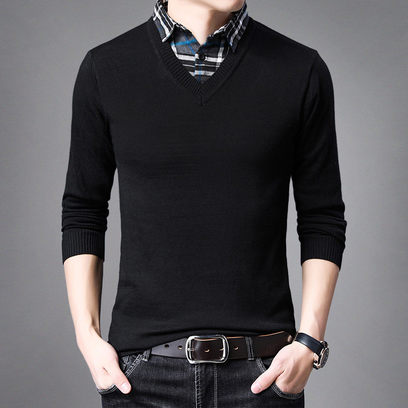 春秋男士长袖T恤青年针织衫假两件毛衣薄款休闲男装衬衫领打底衫