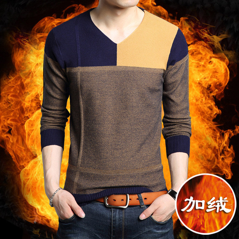 秋冬加绒加厚V领男士长袖T恤修身条纹打底针织小衫大码男装线衣潮