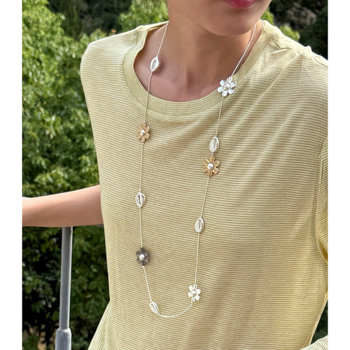 2025年夏季新款时髦金属花朵撞色拼接长款多种戴法项链