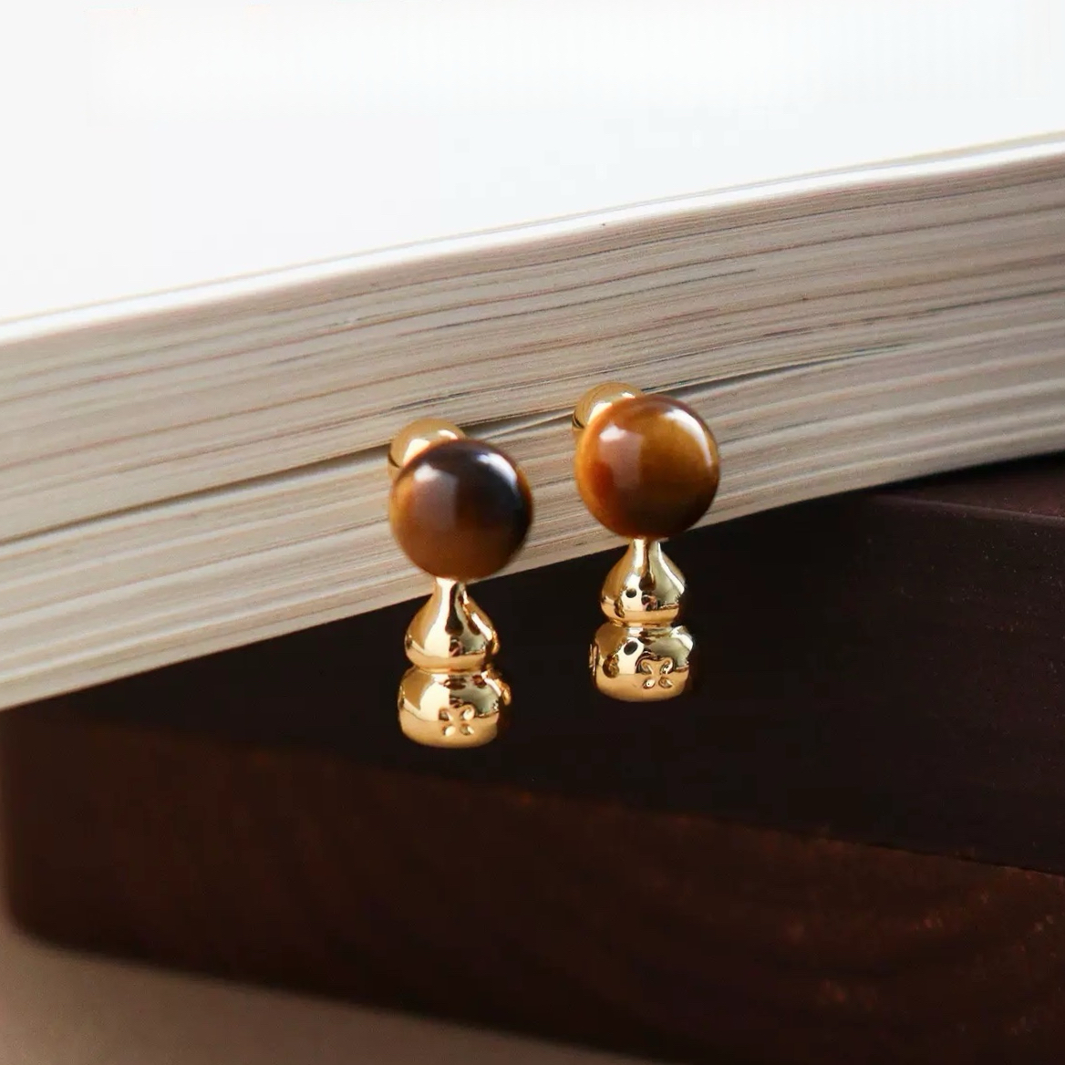 925银针虎眼石搭配金色葫芦耳钉  新年福禄寓意时髦多种戴法耳环