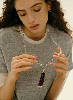 小众设计时髦松果黑石榴珍珠流苏吊坠项链  新中式多种戴法毛衣链