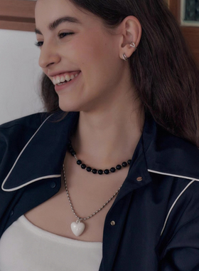 韩国小众设计Denu尹恩惠同款黑色玛瑙串珠  裴秀智白色爱心项链女