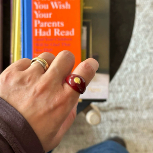 国内小众设计酒红色珐琅滴釉黄铜镀金戒指 指环 白色高级时髦宽版