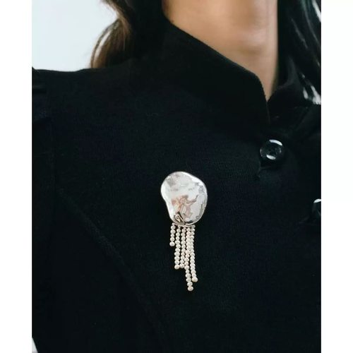 小众设计简约珍珠流苏金属不规则几何胸针  高级时髦玛瑙外套配饰