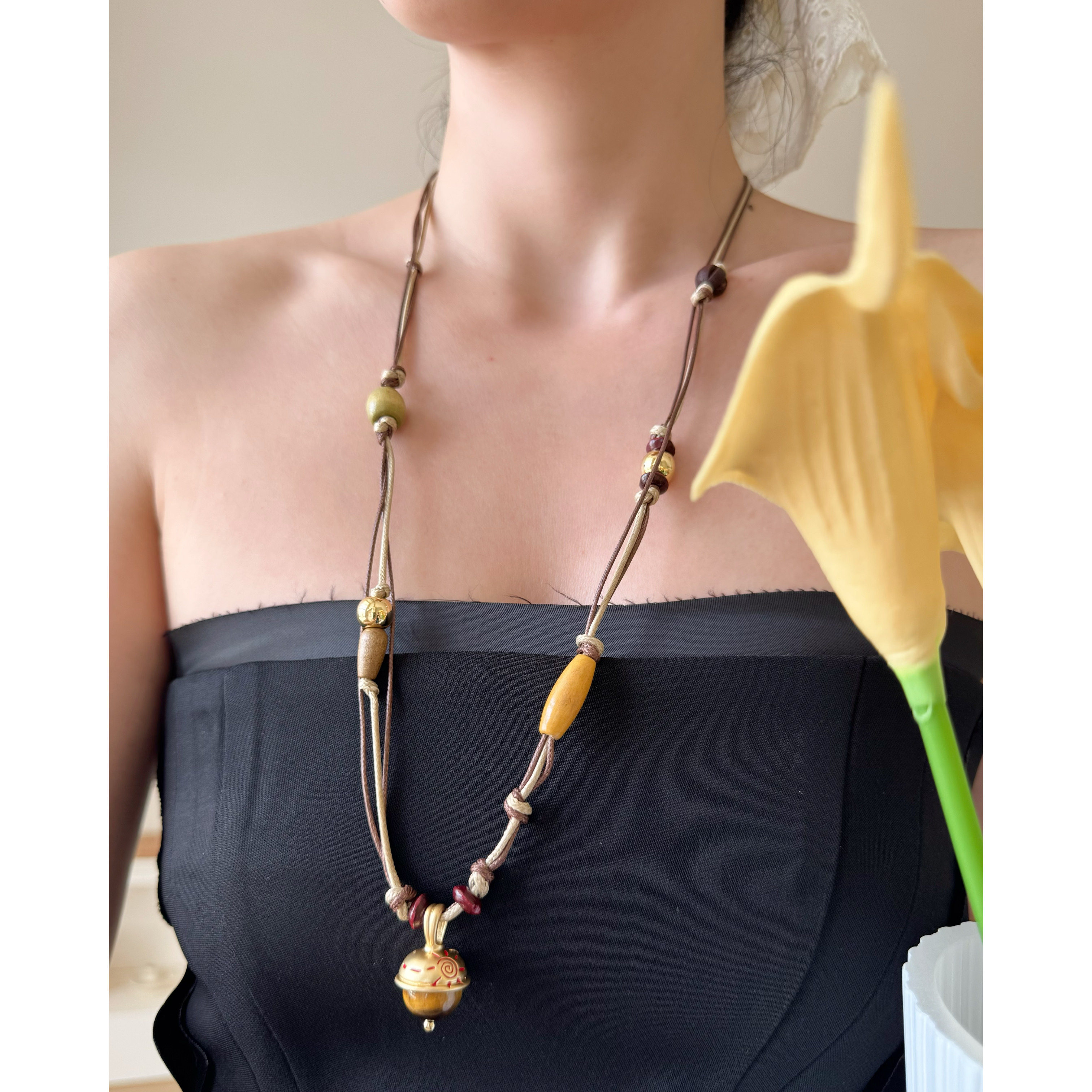 小众设计董洁同款民族风榛果串珠手工编织长款时髦项链女 可调节