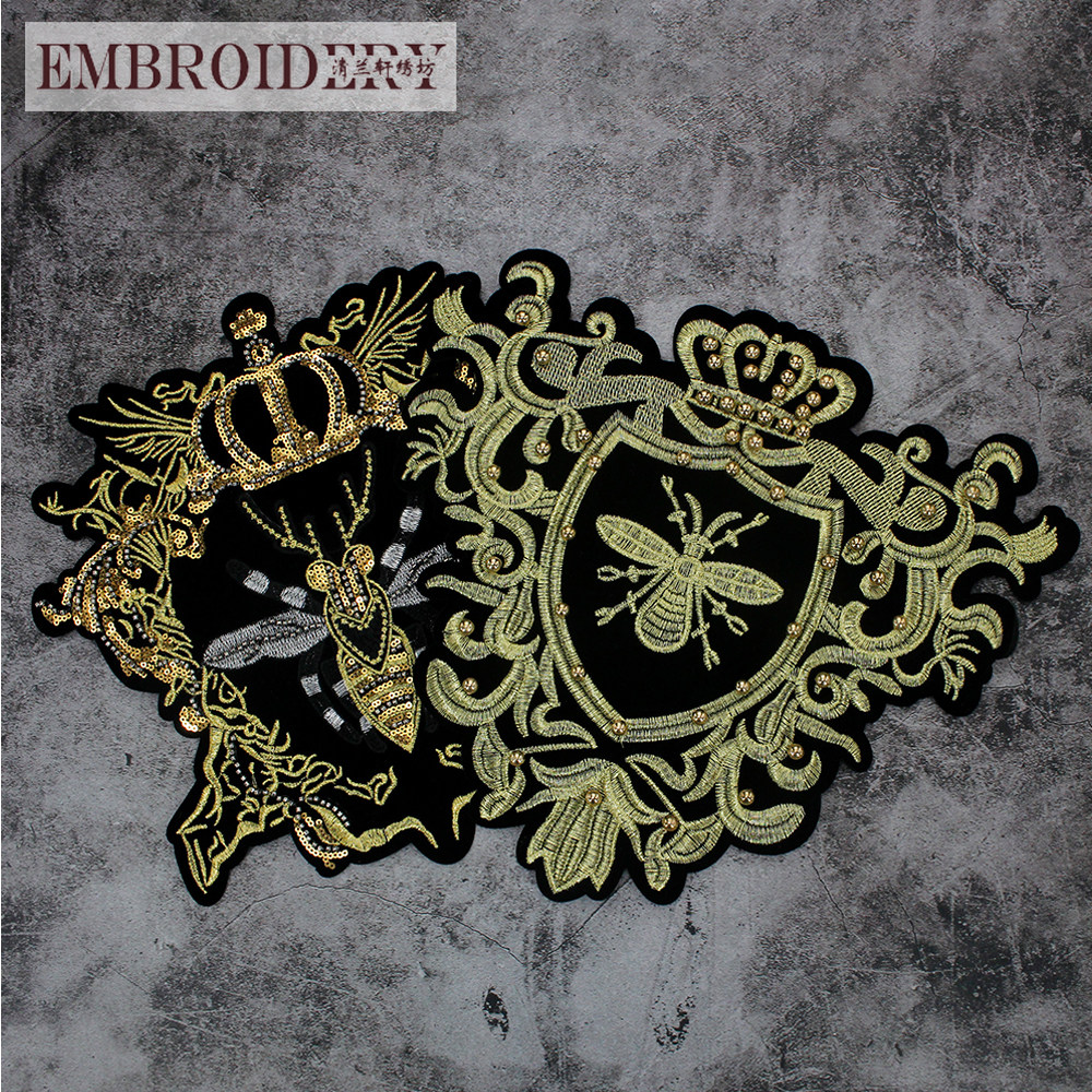 潮牌大号金线皇冠蜜蜂珠子布贴 时尚衣服装饰图案绣花贴手缝补贴