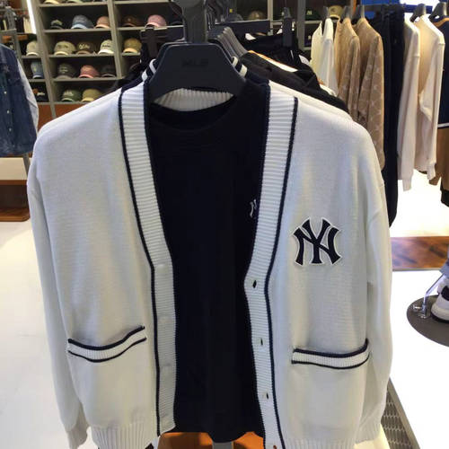 MLB春季新款男女同款NY刺绣老花暗纹针织开衫毛衣外套潮3AKCV0151