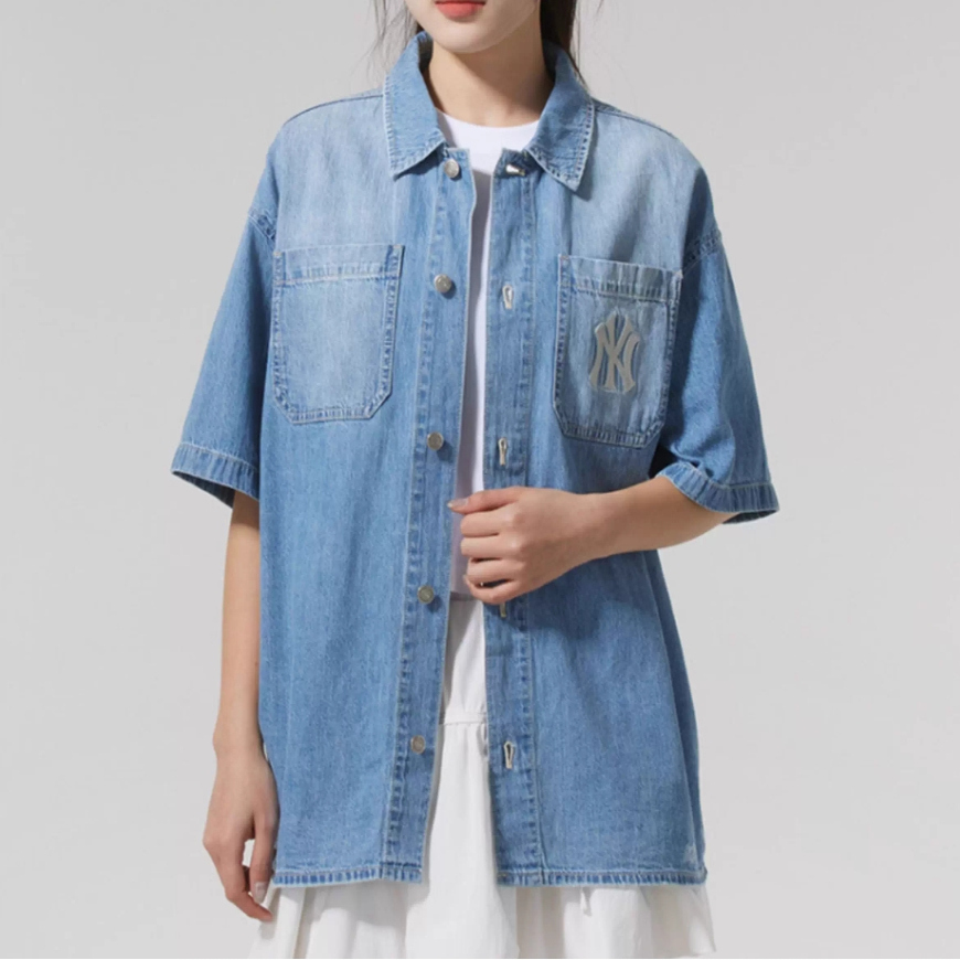 MLB夏季款男女同款NY刺绣短袖休闲运动牛仔衬衫夹克外套3ADRB0653