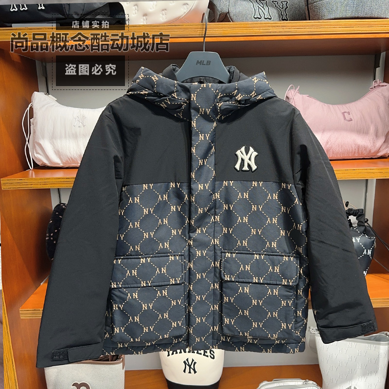 拼接钻石老花连帽羽绒服MLB男女