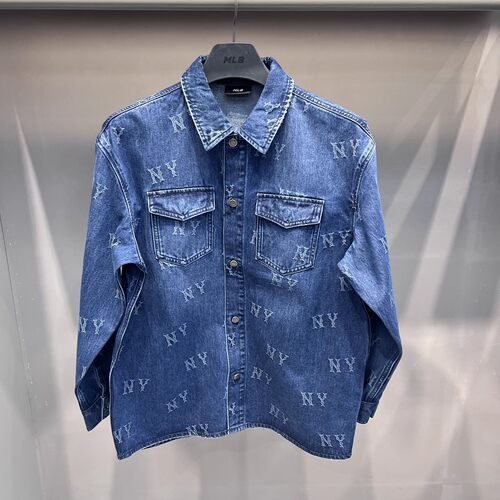 MLB秋季男女同款洋基队NY复古老花满标翻领牛仔衬衫上衣3ADRM0354