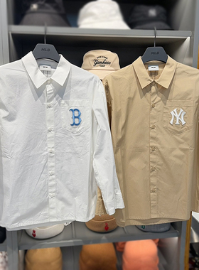 MLB新款情侣衬衫男女NY刺绣复古老花宽松休闲长袖外套潮3AWSM0341