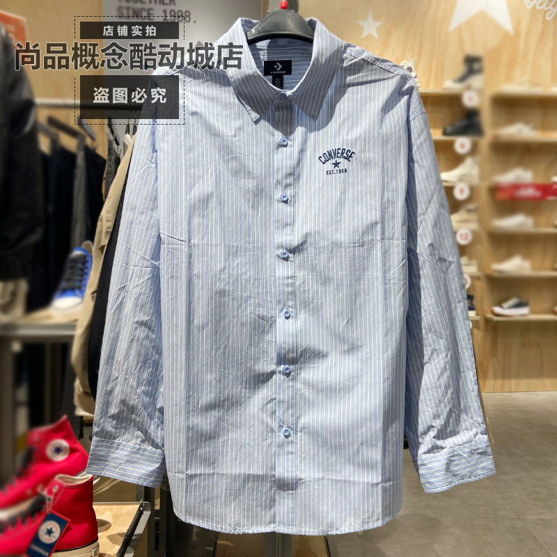 Converse匡威春季男女款运动休闲宽松条纹刺绣长袖翻领衬衫MCJ402