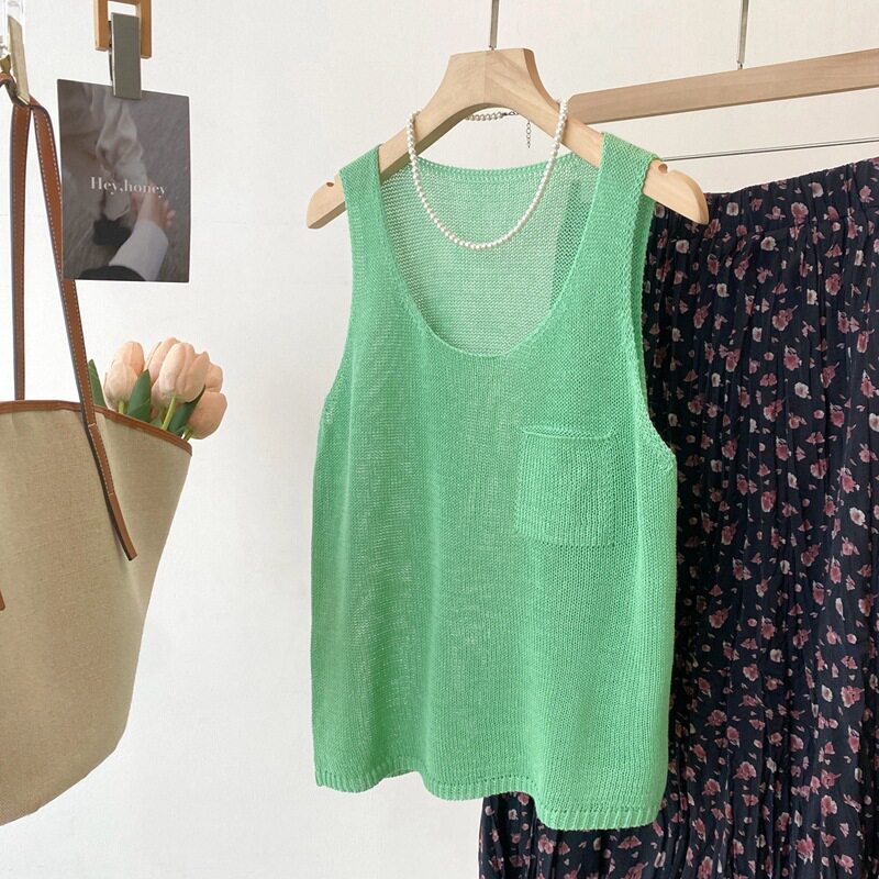 26夏季新品韩系臻麻针织吊带纯色小口袋无袖背心女休闲百搭上衣