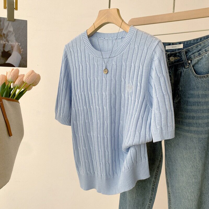 26早春新品桑蚕丝羊毛针织衫韩版爱心刺绣圆领麻花短袖上衣女