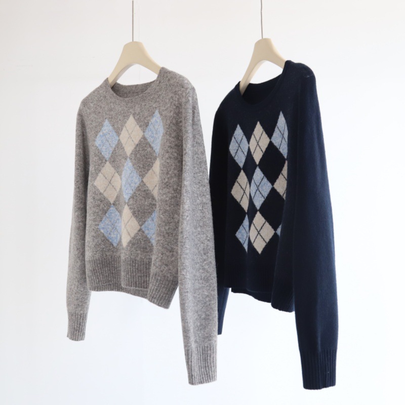 复古撞色菱形格羊毛混纺针织毛衣