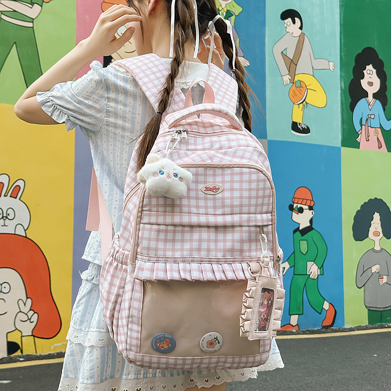 日系吧唧痛包大容量书包女高颜值可爱格子甜美中小学生清新双肩包