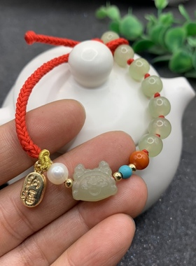 天然和田玉生肖龙手链手工编织玉龙本命年红绳手绳和田玉龙形饺子
