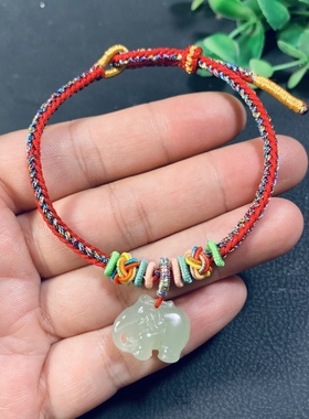 天然和田玉大象手链手工编织红绳手链晴水色小象吊坠小提溜配饰