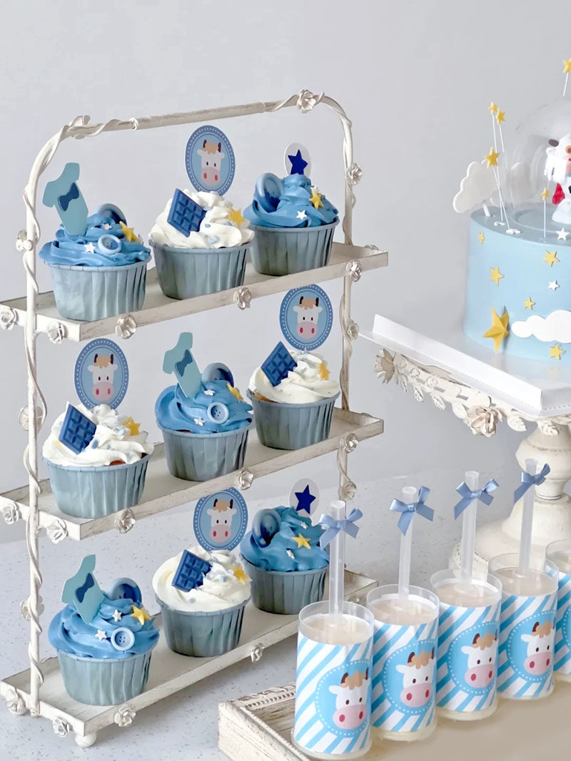 蓝色牛宝宝甜品台装饰推推乐贴纸纸杯蛋糕推筒布丁周岁生日装扮l