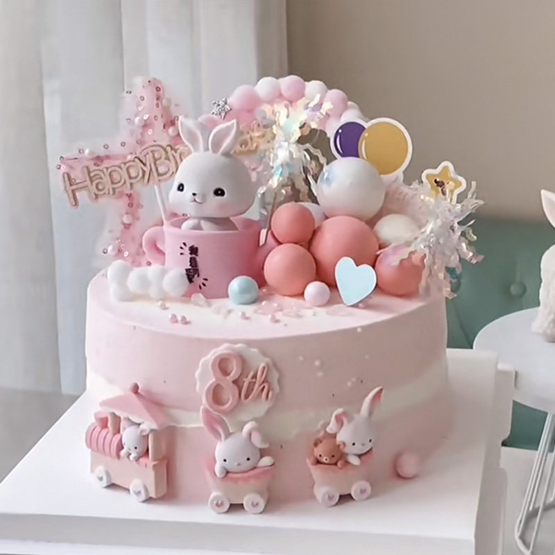 可爱告白气球小兔子蛋糕装饰生肖兔宝宝兔耳女孩小火车生日摆件z