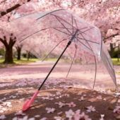 长柄透明雨伞粉色樱花高颜值学生女孩拍照用小清新自动网红透明伞
