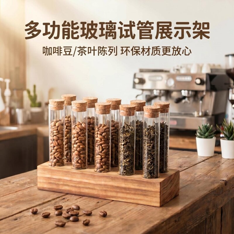 玻璃试管展示架咖啡豆杂粮茶叶样品收纳架分装瓶防尘密封罐陈列架图片