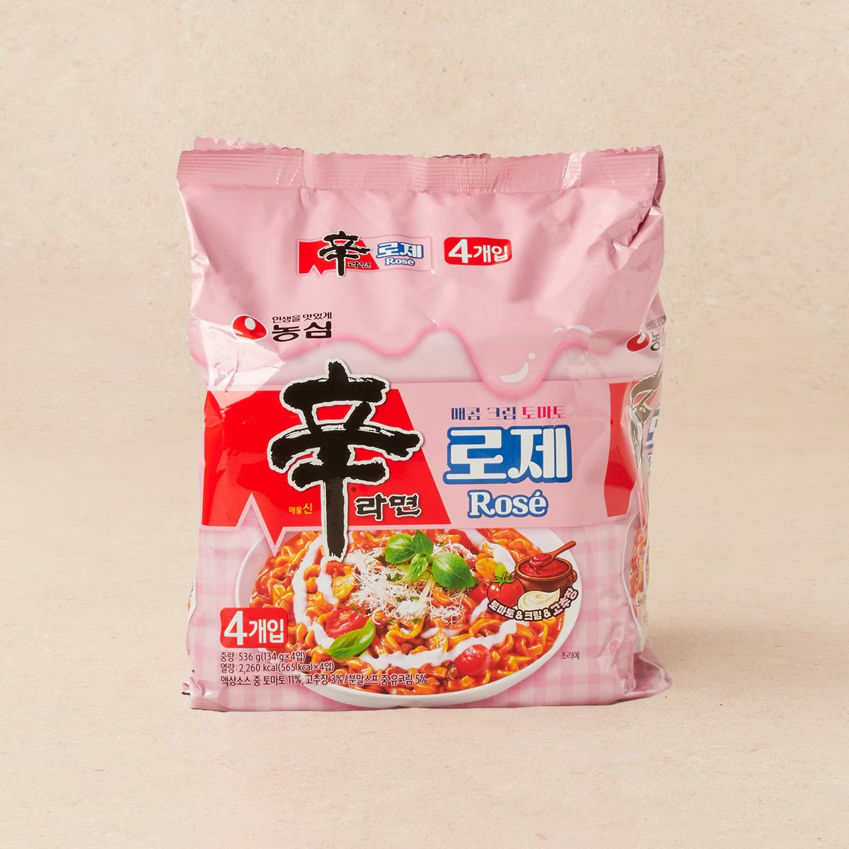 韩国进口农心辛拉面罗杰Rose奶油番茄拌面134gx4袋方便面泡面速食