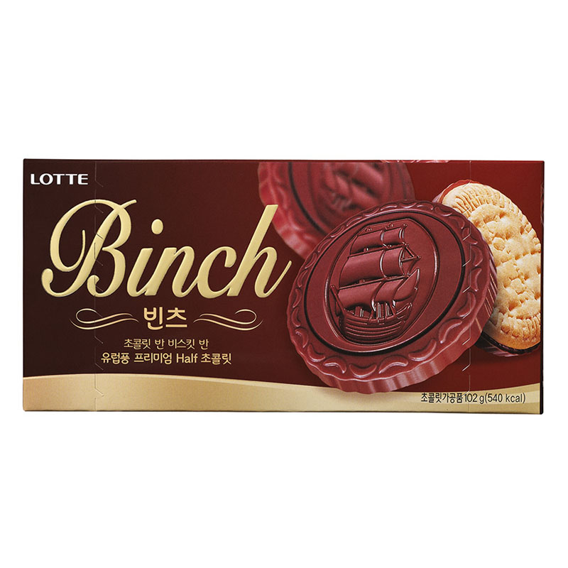 韩国进口乐天lotte宾驰binch巧克力涂层饼干102g零食