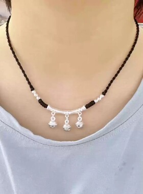 999纯银弯管铃铛项链女新足银铃铛吊坠黑绳手工编织锁骨链遮疤痕