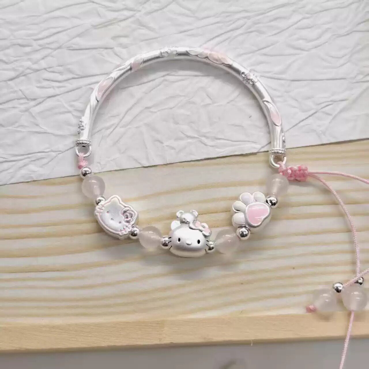 足银999凯蒂猫hellokitty百搭半镯卡通手链手镯送闺蜜女友生日礼