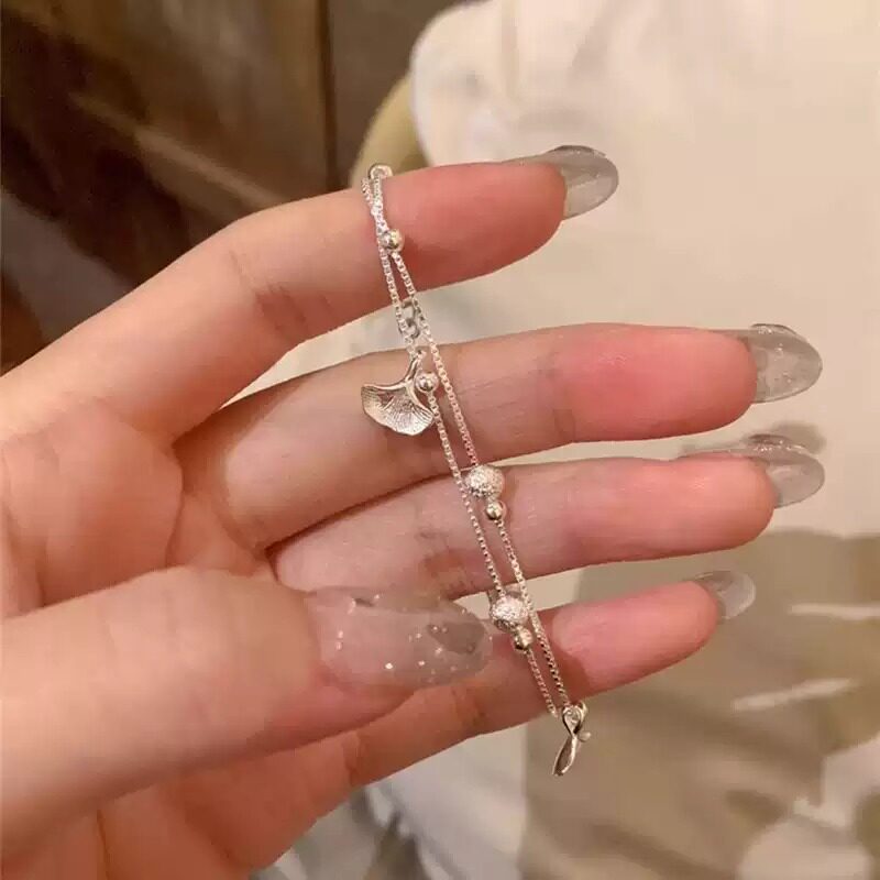 足银S999双层叠戴杏叶纯银手链女轻奢小众精致高级镀银手饰送女友图片