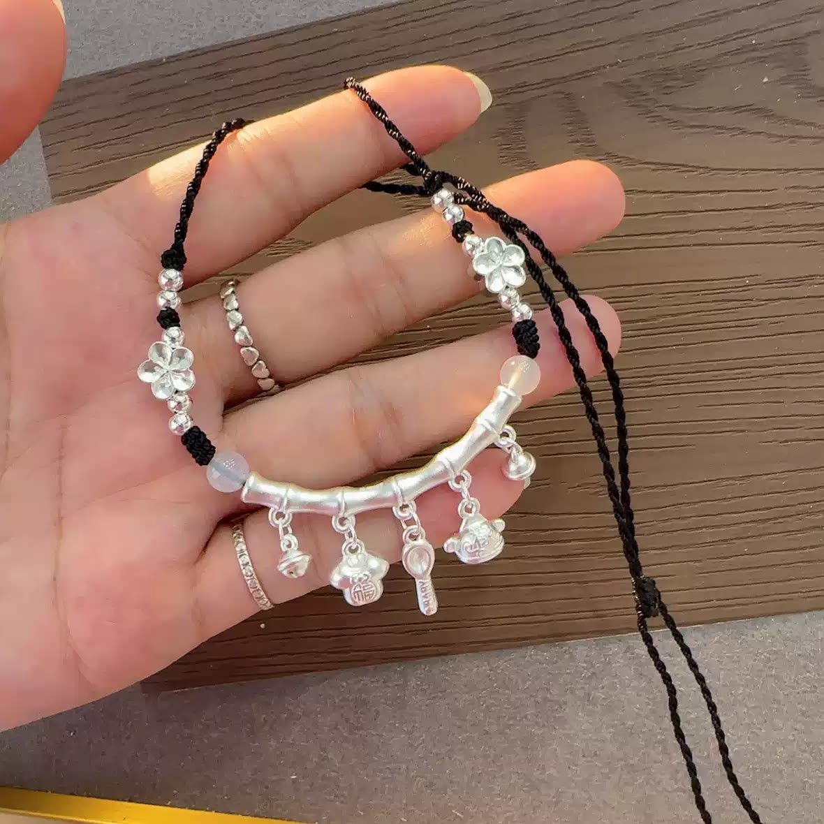 新款编织项链足银999弯管铃铛衣食无忧莲花纯银锁骨链送女友礼物