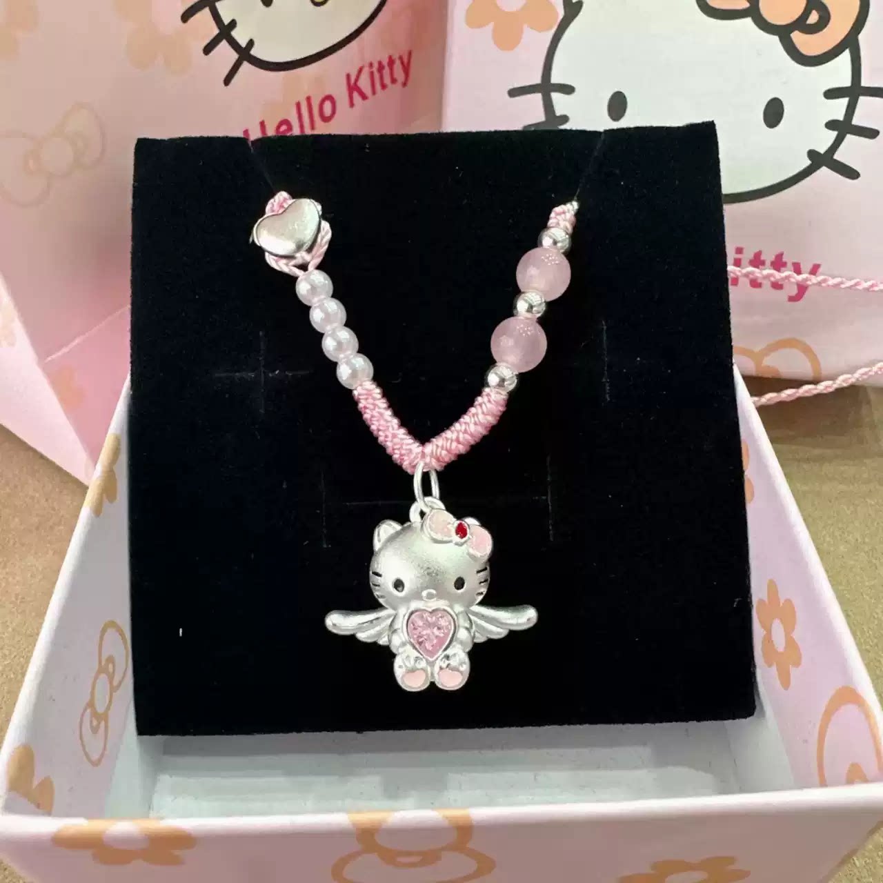 足银 999hellokitty爱心天使凯蒂猫吊坠纯银编绳项链款送儿童女友