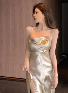 6354潮尚夜总会辣妹轻奢风缎面晚礼服长裙感法式纯欲小吊带连衣裙