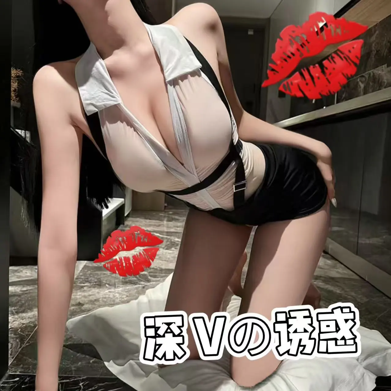 6291潮尚夜总会技师内衣女警制服拉链性感深V挂脖透视包臀连体衣