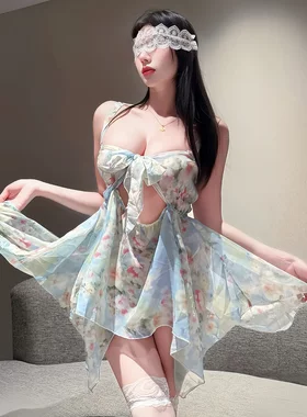 7830潮尚夜总会夫妻莫奈花园正反两穿深V碎花连衣裙心机透视诱惑
