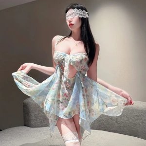 7830潮尚夜总会夫妻莫奈花园正反两穿深V碎花连衣裙心机透视诱惑