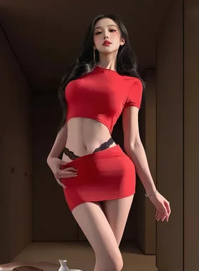 6843春节不打烊夫妻内衣辣妹正肩T恤女显身材性感纯欲露腰套装