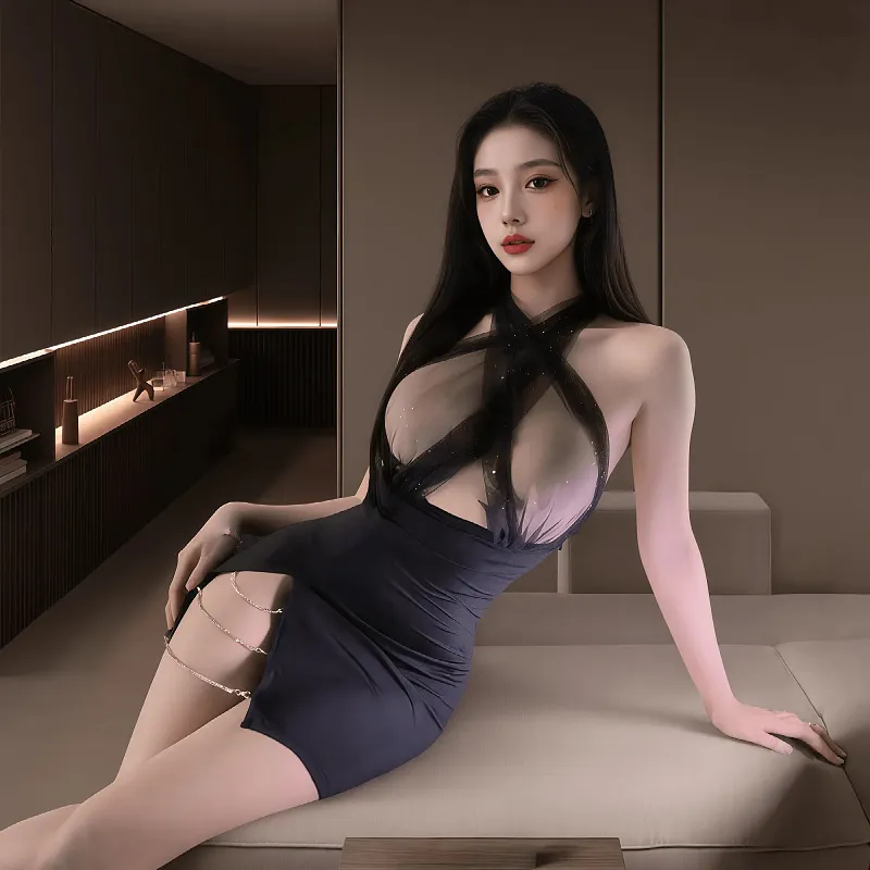 6842春节不打烊夫妻内衣透视挂脖性感纯欲秘书包臀裙女制服连衣裙