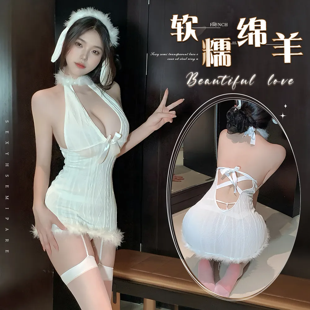 5115潮尚夜总会桑拿内衣性感挂脖深V毛绒绑带制服套装绵羊连衣裙