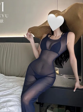 5145潮尚夜总会薄纱深蓝色罩衫透视显腰线紧身睡裙纯欲三点连衣裙