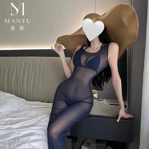 5145潮尚夜总会薄纱深蓝色罩衫透视显腰线紧身睡裙纯欲三点连衣裙