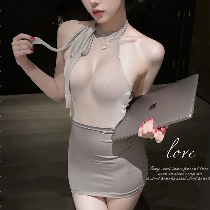 7083性感挂脖绑带OL职业秘书包臀制服禁欲系透视露背紧身秘书套装