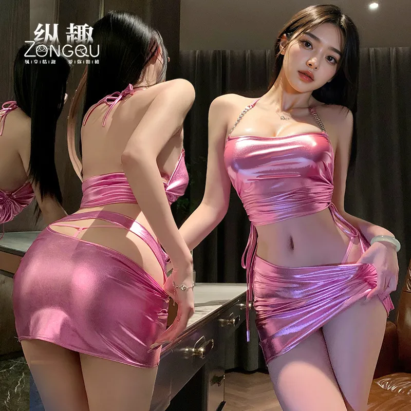 4168潮尚夜总会性感夜店激情漆皮链条挂脖包臀裙女甜辣制服套装