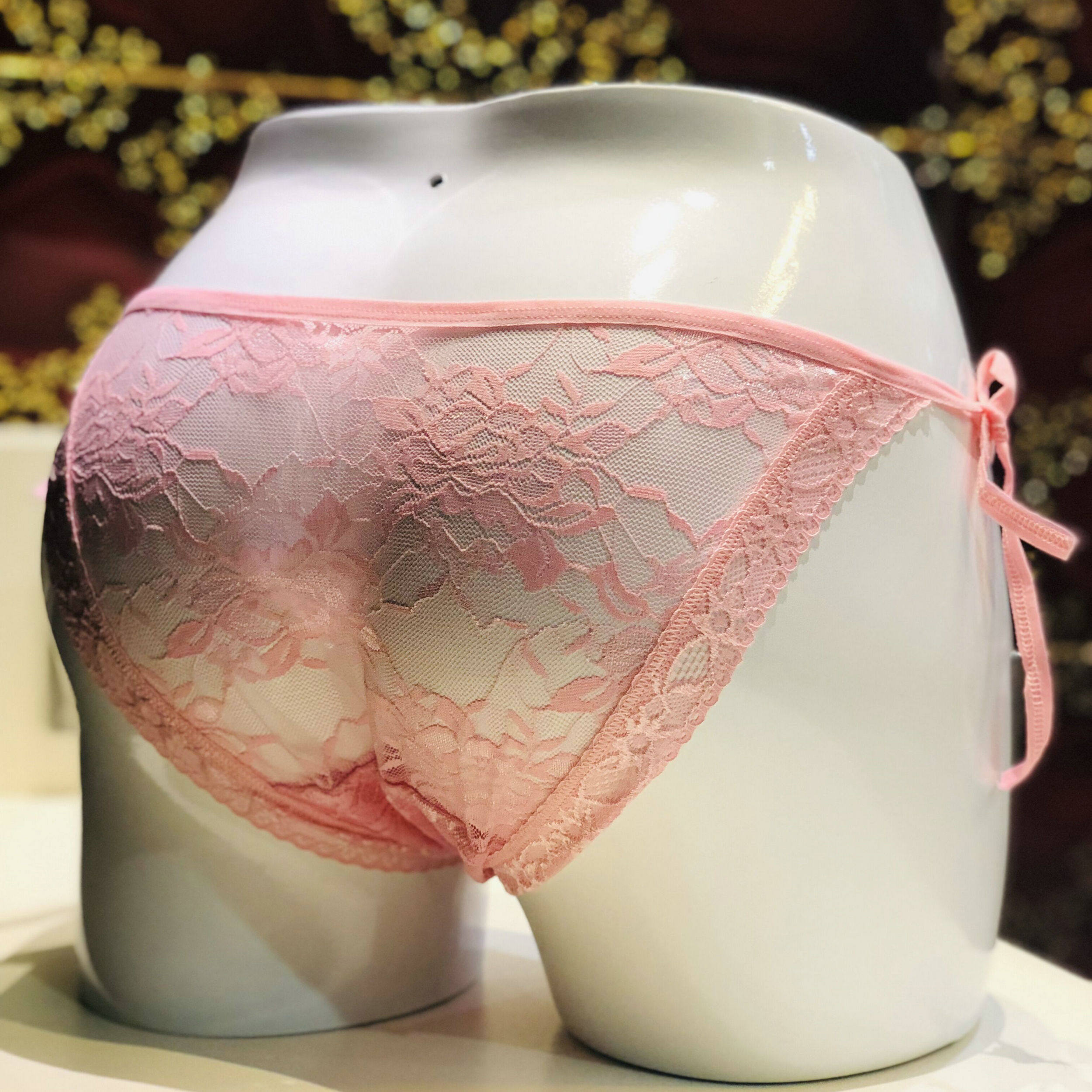 粉色大码性感透视系带三角裤镂空花边透气网纱透明绑带蕾丝内裤女