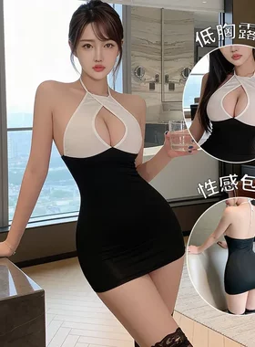 8192潮尚夜总会挂脖绑带秘书紧身包臀裙内衣性感纯欲调情连衣裙